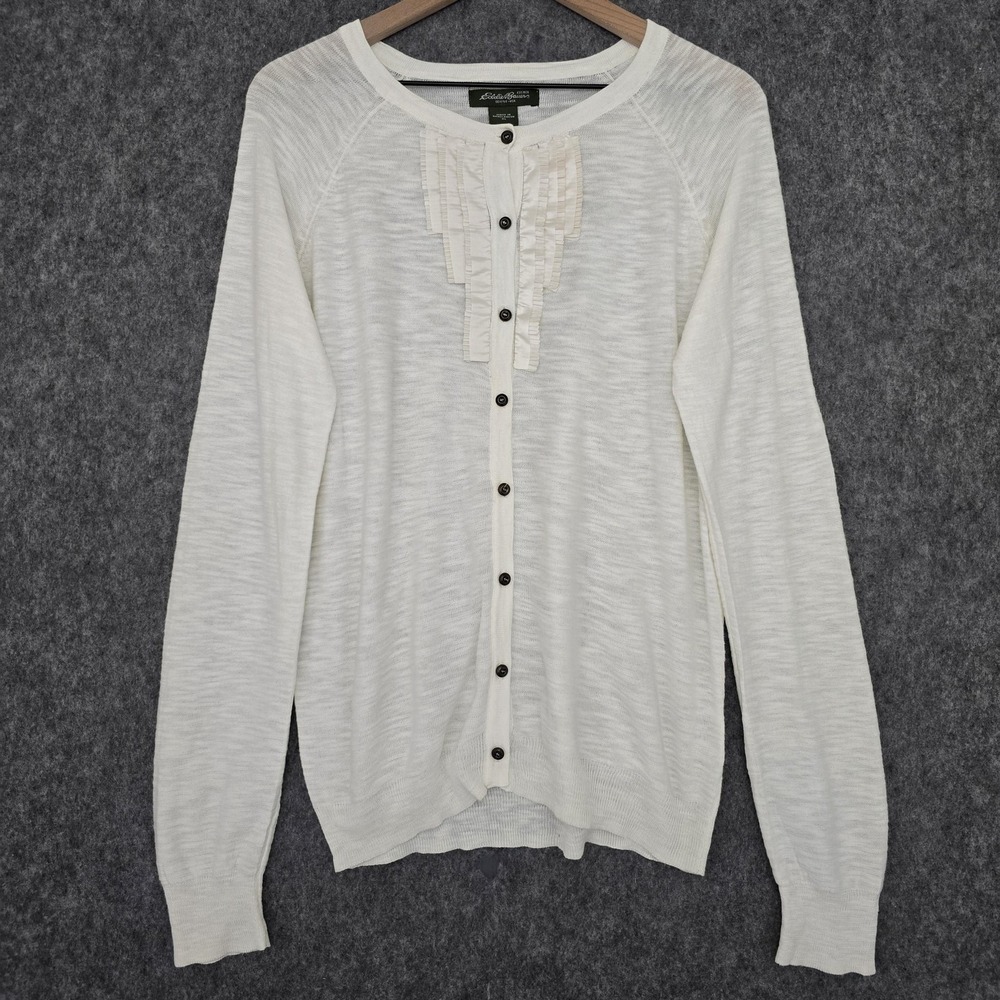 Eddie Bauer Cardigan Sweater Womens‎ XL Ivory Tuxedo Ruffle Wooden Button Cotton